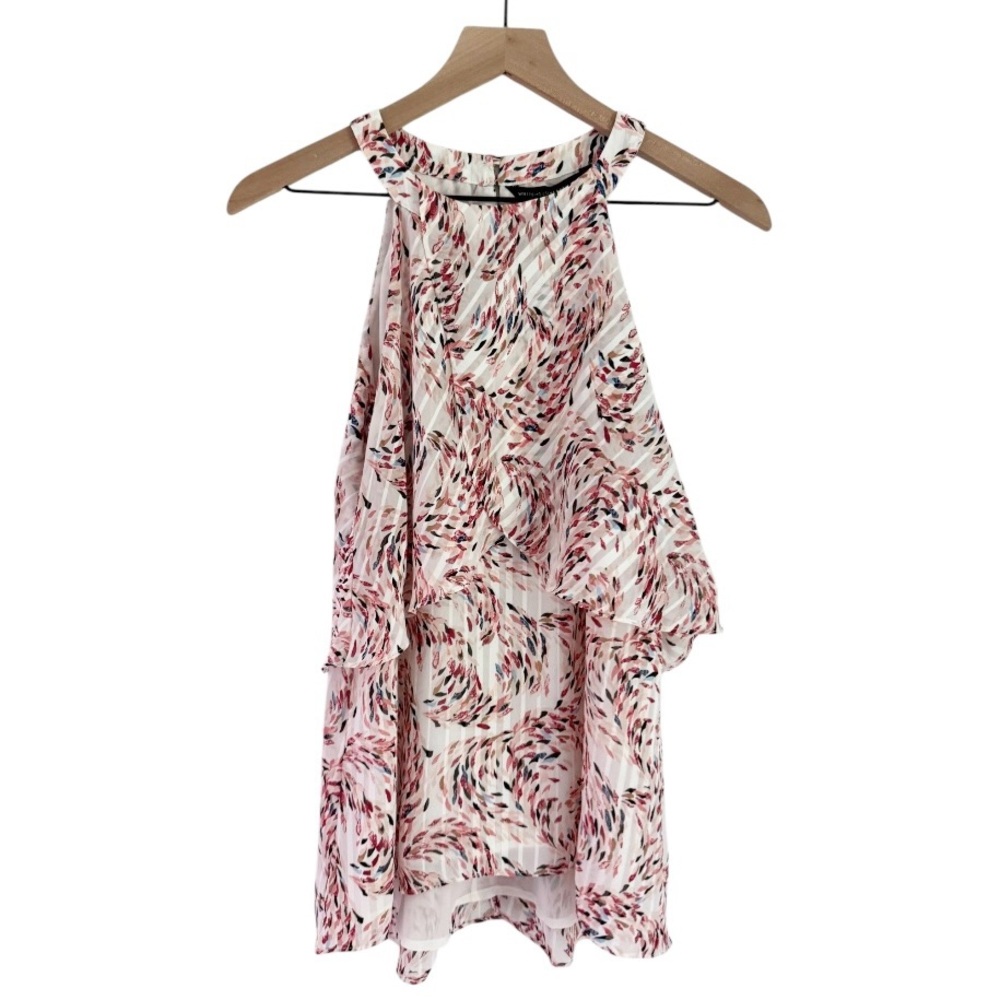 NWT White House Black Market Petunia Tiered Halter Shell Top Pink White Size 2